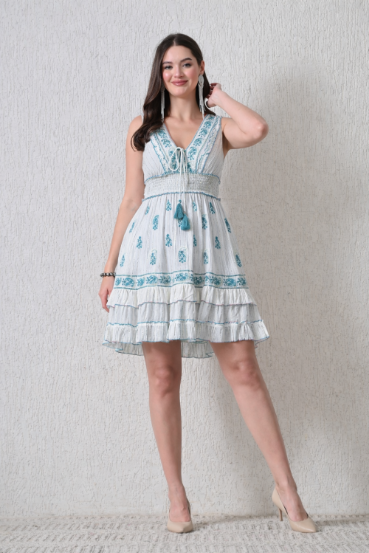 26452 Boho  Embroidered Smocked Waist Mini Dress