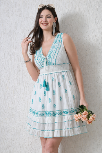 26452 Boho  Embroidered Smocked Waist Mini Dress