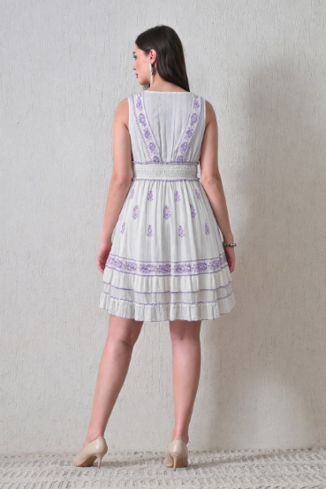 26452 Boho  Embroidered Smocked Waist Mini Dress