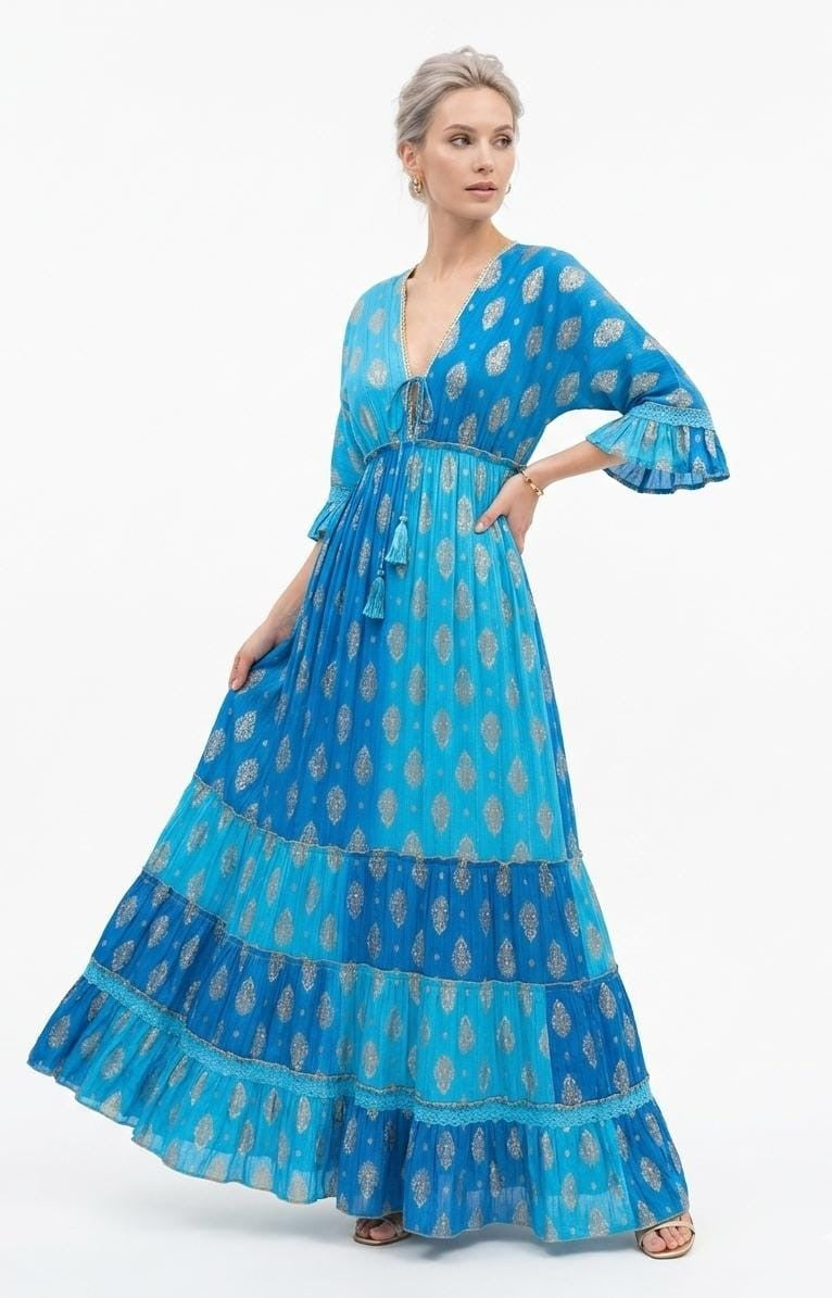 26413  Bohemian Tiered Maxi Dress with Gold Foil Print – Elegant Summer Resort Dress