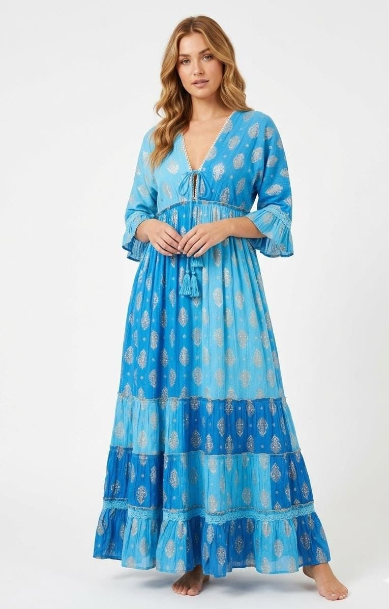 26413  Bohemian Tiered Maxi Dress with Gold Foil Print – Elegant Summer Resort Dress