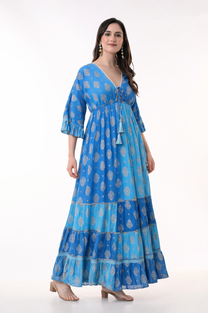 26413  Bohemian Tiered Maxi Dress with Gold Foil Print – Elegant Summer Resort Dress