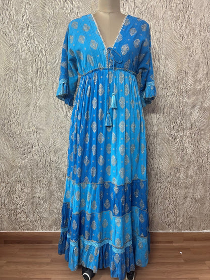 26413  Bohemian Tiered Maxi Dress with Gold Foil Print – Elegant Summer Resort Dress