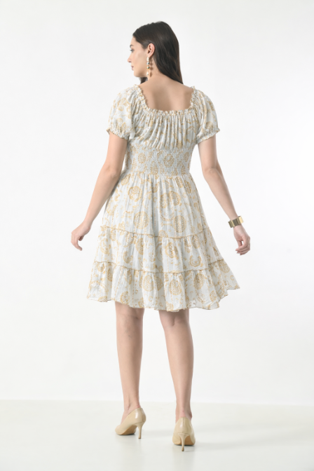 26468 Off-Shoulder Smocked Rayon Mini Dress with Tassel Tie
