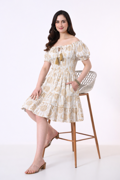 26468 Off-Shoulder Smocked Rayon Mini Dress with Tassel Tie