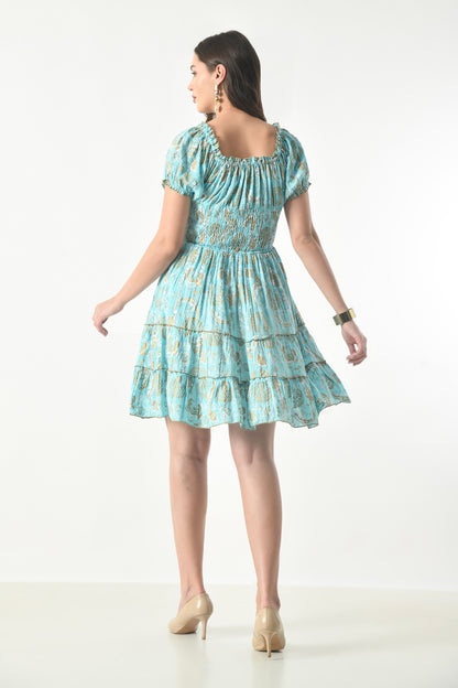 26468 Off-Shoulder Smocked Rayon Mini Dress with Tassel Tie