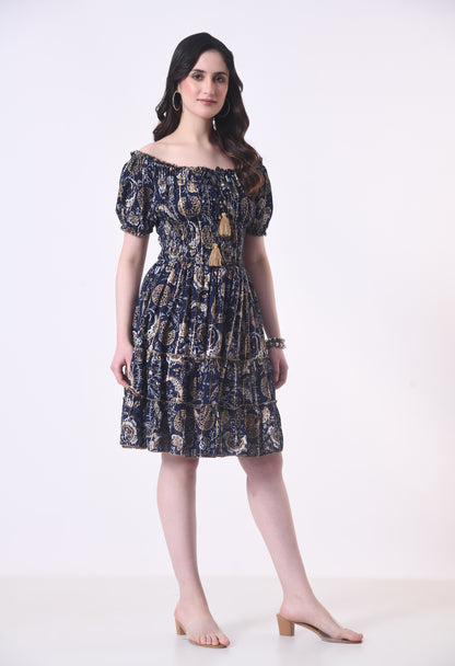 26468 Off-Shoulder Smocked Rayon Mini Dress with Tassel Tie
