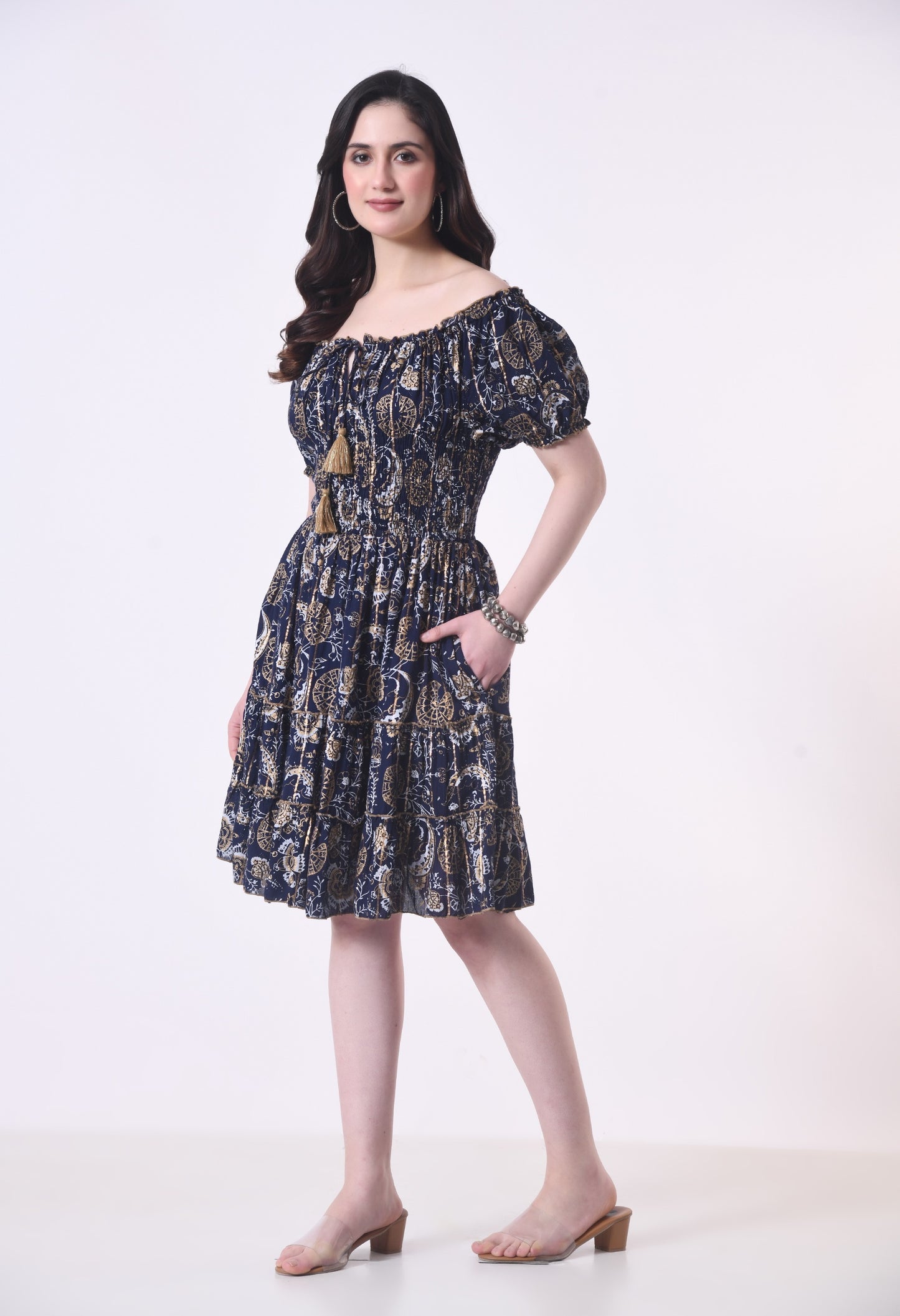 26468 Off-Shoulder Smocked Rayon Mini Dress with Tassel Tie