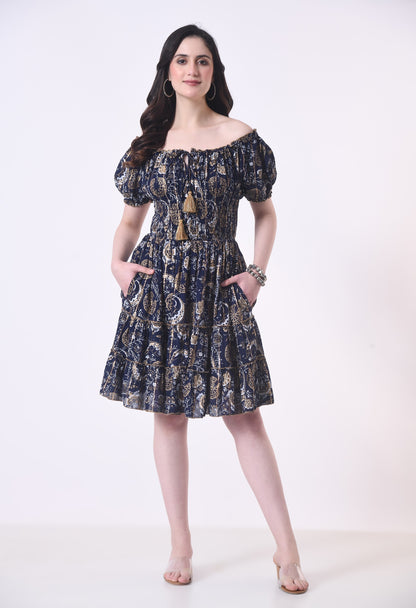 26468 Off-Shoulder Smocked Rayon Mini Dress with Tassel Tie