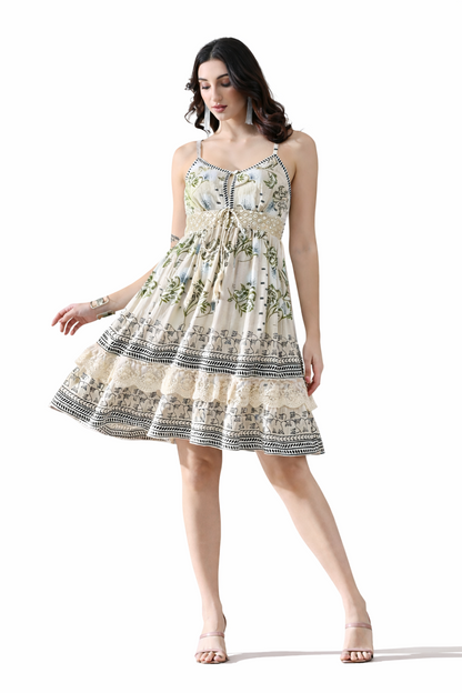 26464 Printed V-Neck Tiered Mini Dress with Lace Detail – Rayon