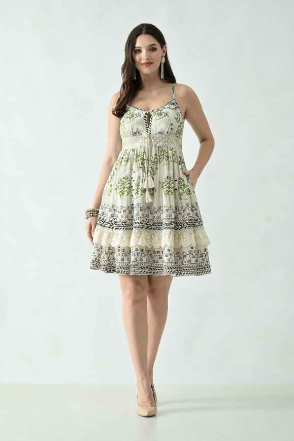 26464 Printed V-Neck Tiered Mini Dress with Lace Detail – Rayon