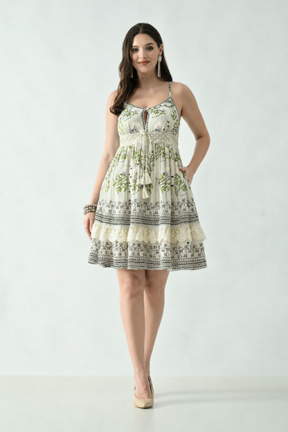 26464 Printed V-Neck Tiered Mini Dress with Lace Detail – Rayon