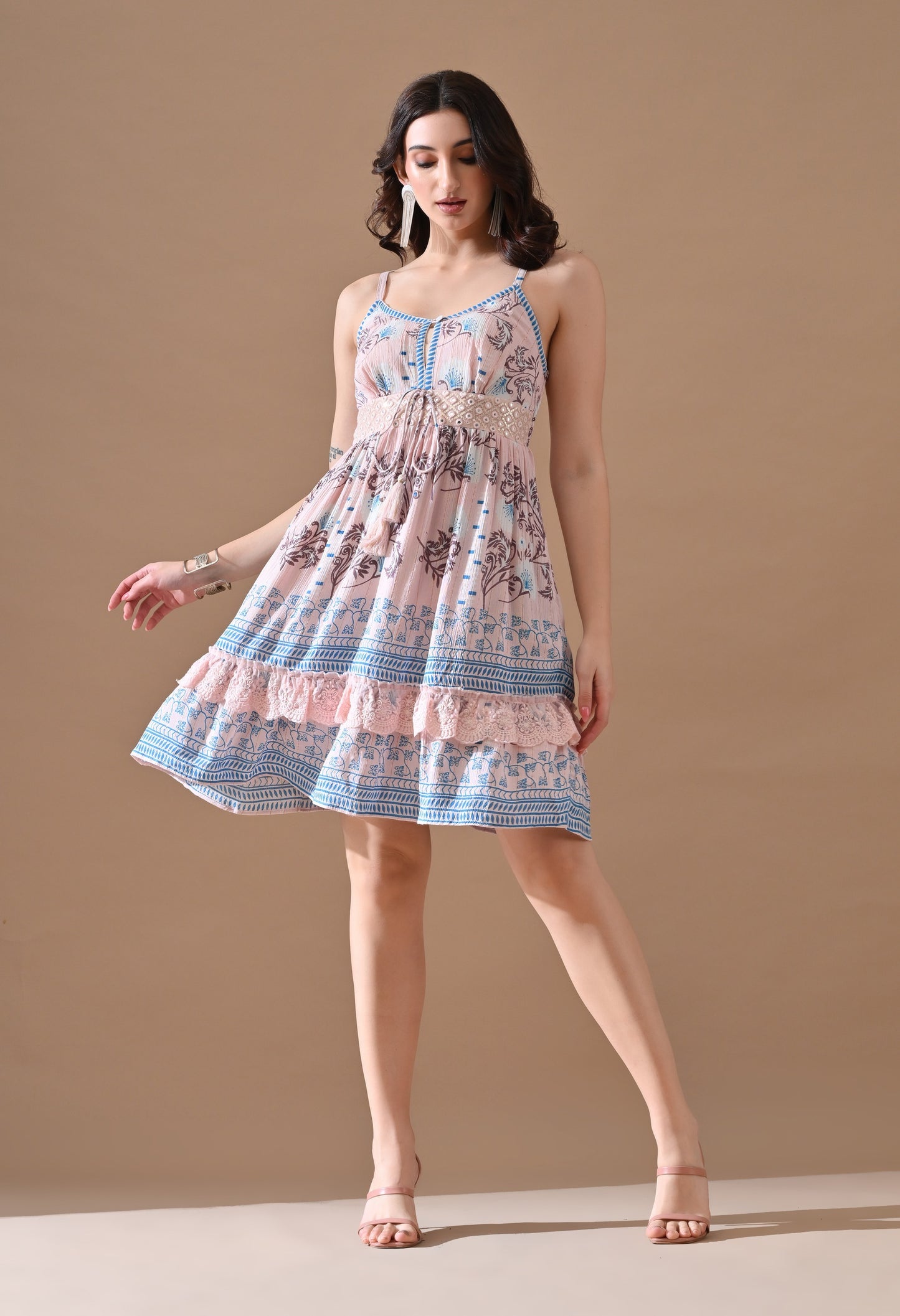26464 Printed V-Neck Tiered Mini Dress with Lace Detail – Rayon