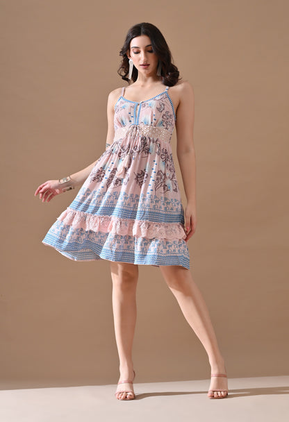 26464 Printed V-Neck Tiered Mini Dress with Lace Detail – Rayon