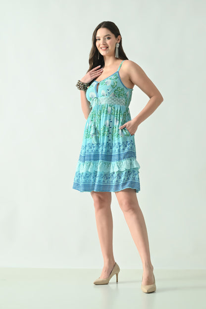 26464 Printed V-Neck Tiered Mini Dress with Lace Detail – Rayon