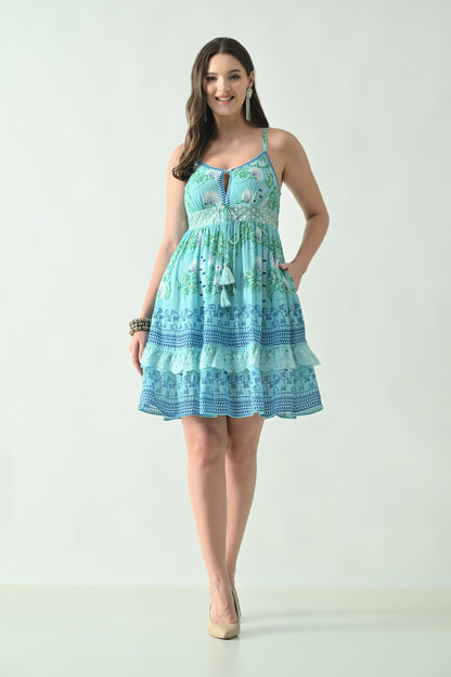 26464 Printed V-Neck Tiered Mini Dress with Lace Detail – Rayon