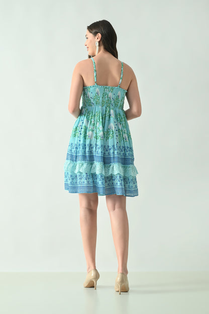 26464 Printed V-Neck Tiered Mini Dress with Lace Detail – Rayon