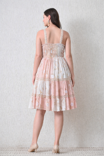 26459 Bohemian Tiered  Midi Dress – Tassel Tie Front – Assorted Colors