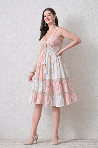 26459 Bohemian Tiered  Midi Dress – Tassel Tie Front – Assorted Colors