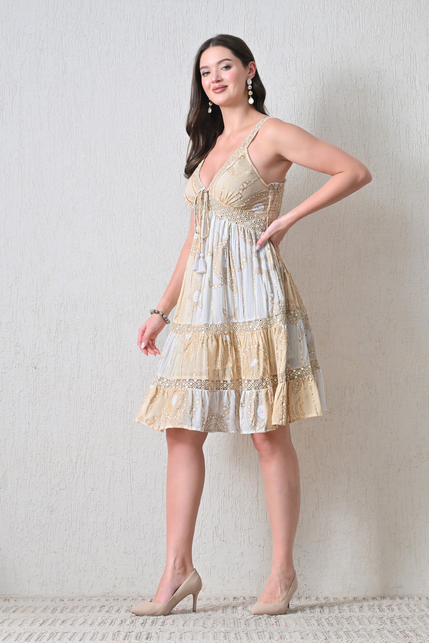 26459 Bohemian Tiered  Midi Dress – Tassel Tie Front – Assorted Colors