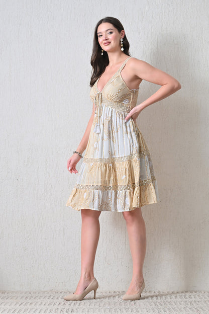 26459 Bohemian Tiered  Midi Dress – Tassel Tie Front – Assorted Colors