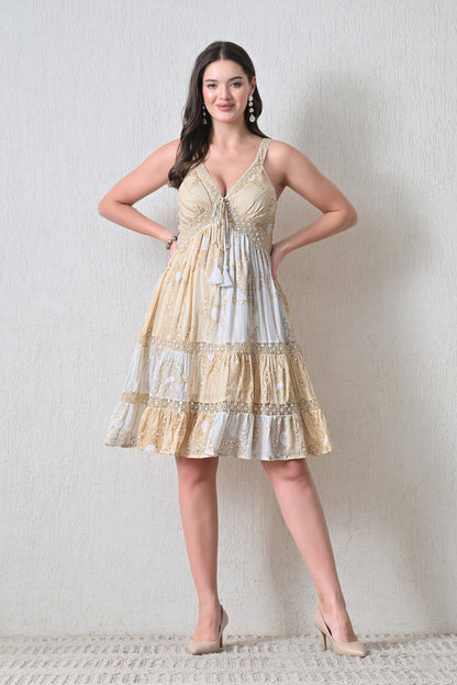 26459 Bohemian Tiered  Midi Dress – Tassel Tie Front – Assorted Colors