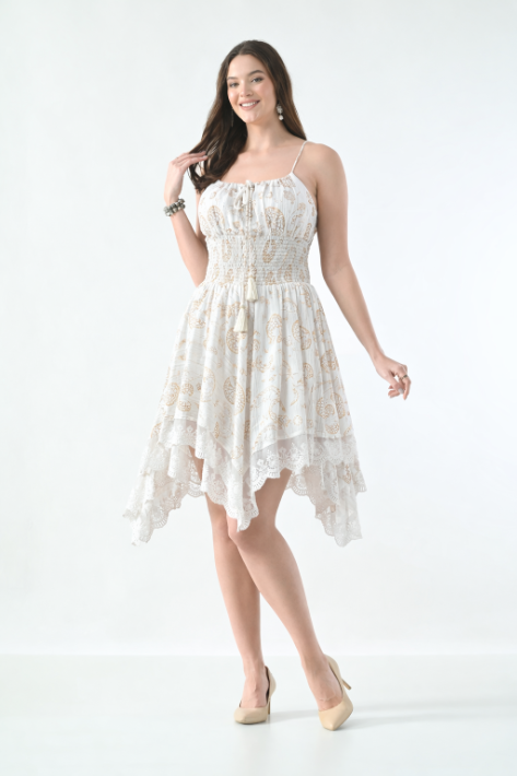 26453 Boho Smocked Handkerchief Hem Mini Dress – Rayon