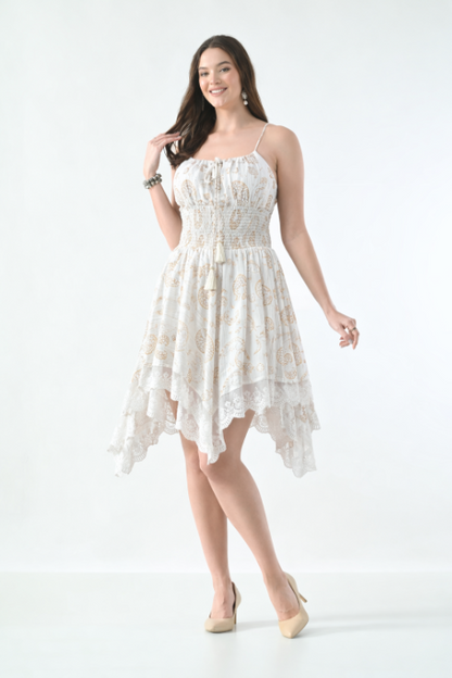 26453 Boho Smocked Handkerchief Hem Mini Dress – Rayon