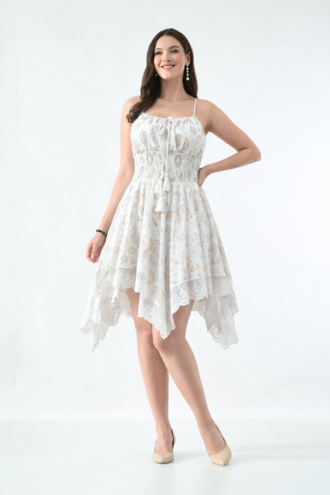 26453 Boho Smocked Handkerchief Hem Mini Dress – Rayon