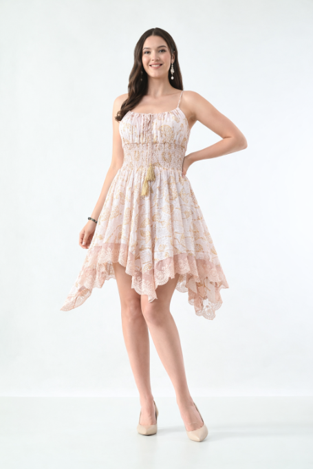 26453 Boho Smocked Handkerchief Hem Mini Dress – Rayon