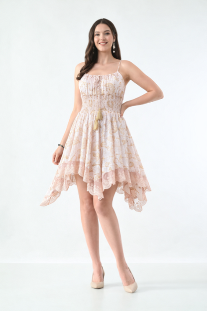 26453 Boho Smocked Handkerchief Hem Mini Dress – Rayon