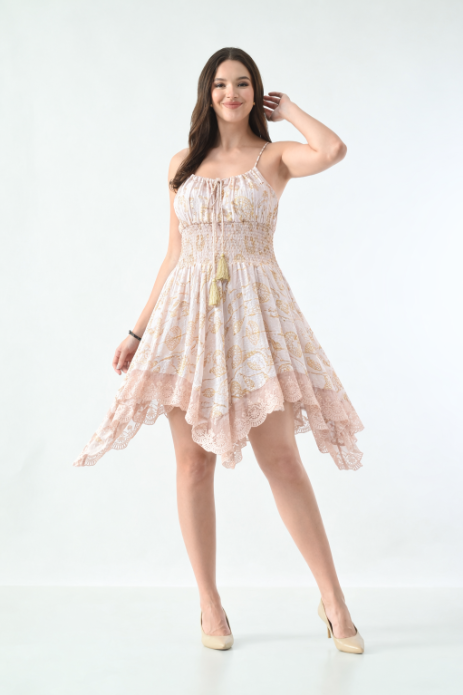 26453 Boho Smocked Handkerchief Hem Mini Dress – Rayon
