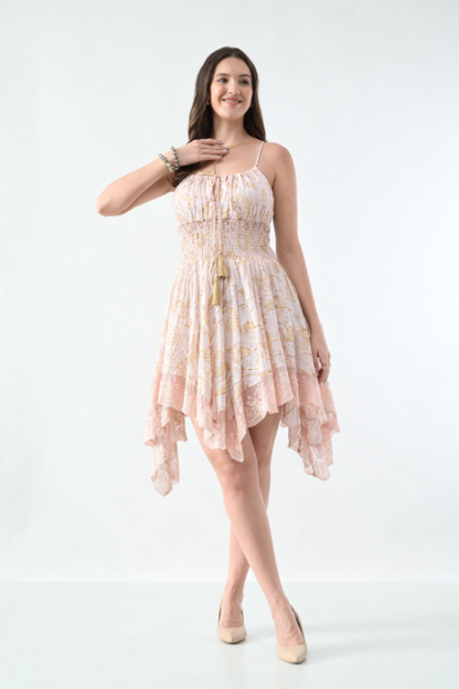 26453 Boho Smocked Handkerchief Hem Mini Dress – Rayon