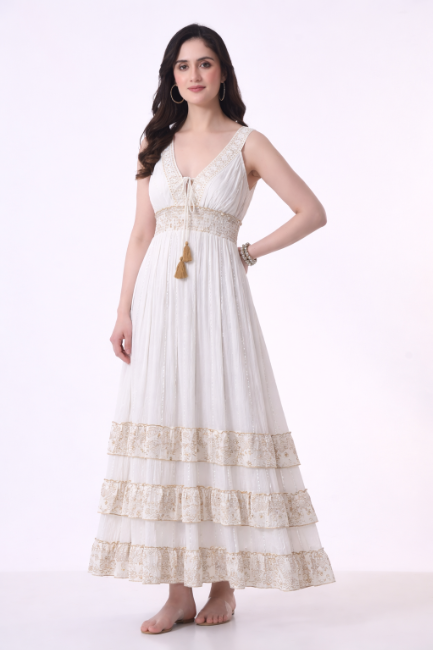 26401 Bohemian Lace Panel Tiered Maxi Dress