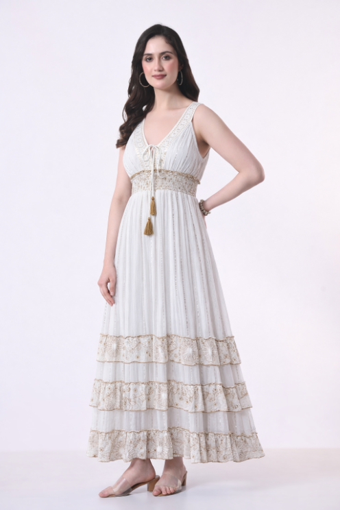 26401 Bohemian Lace Panel Tiered Maxi Dress