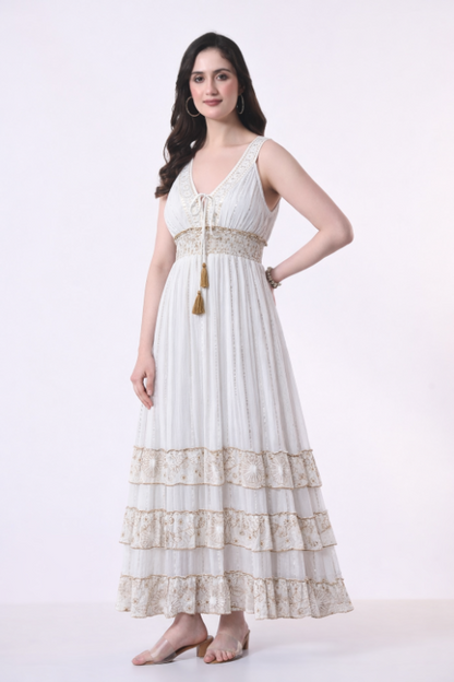 26401 Bohemian Lace Panel Tiered Maxi Dress