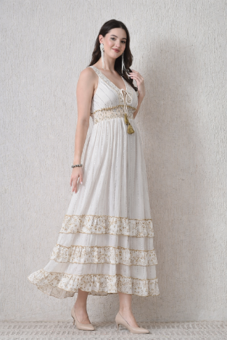 26401 Bohemian Lace Panel Tiered Maxi Dress
