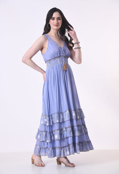 26401 Bohemian Lace Panel Tiered Maxi Dress
