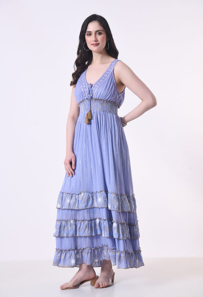 26401 Bohemian Lace Panel Tiered Maxi Dress