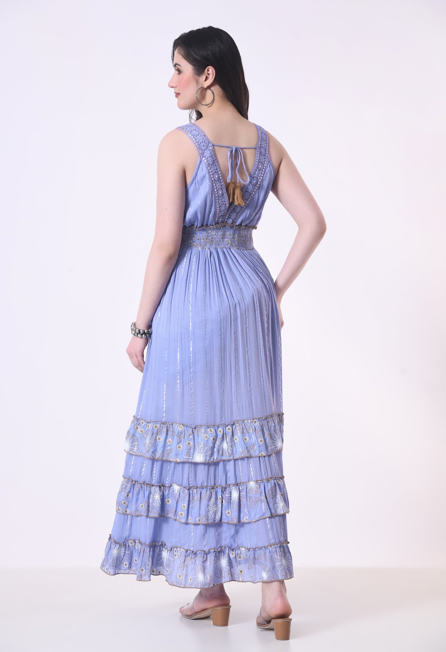 26401 Bohemian Lace Panel Tiered Maxi Dress