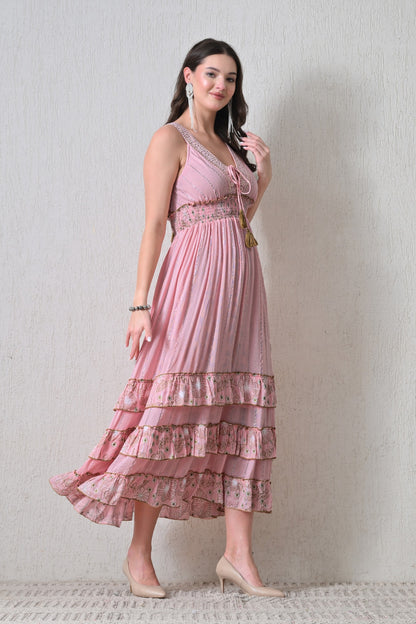 26401 Bohemian Lace Panel Tiered Maxi Dress