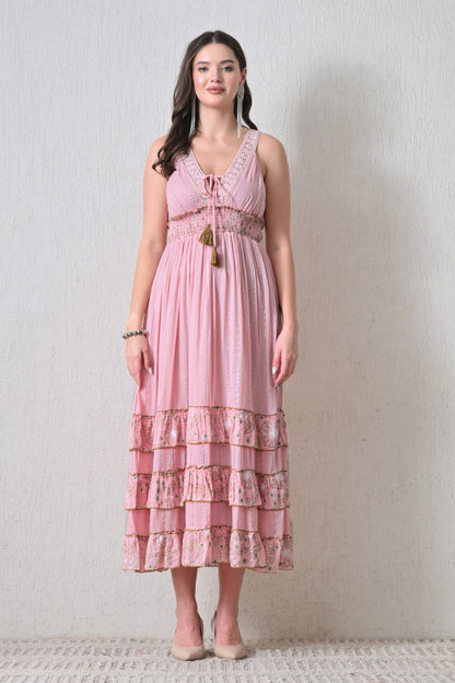 26401 Bohemian Lace Panel Tiered Maxi Dress
