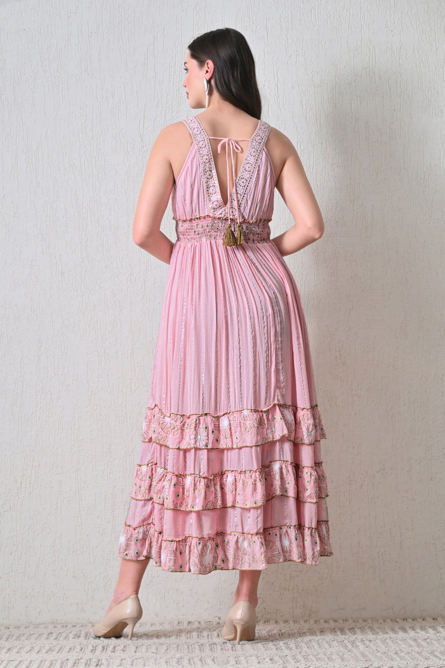 26401 Bohemian Lace Panel Tiered Maxi Dress