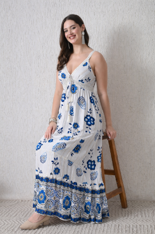 26403 Bohemian Floral Print Tassel Tie Maxi Dress