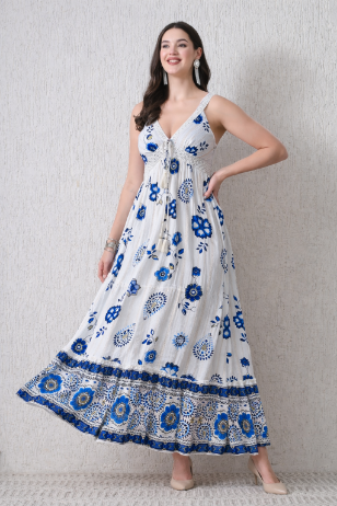 26403 Bohemian Floral Print Tassel Tie Maxi Dress