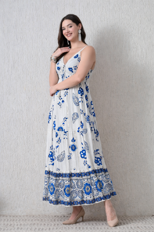 26403 Bohemian Floral Print Tassel Tie Maxi Dress