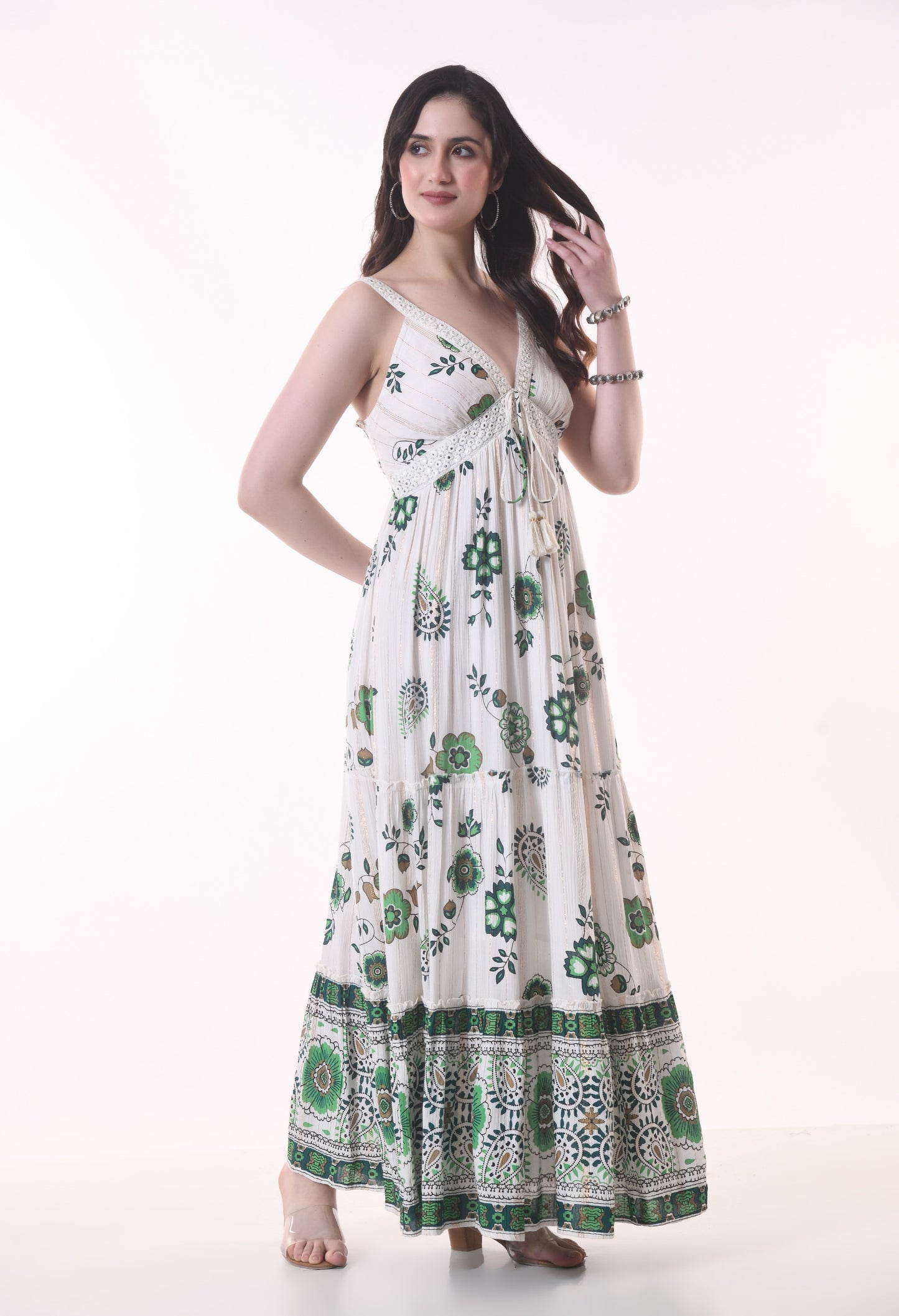 26403 Bohemian Floral Print Tassel Tie Maxi Dress