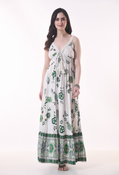 26403 Bohemian Floral Print Tassel Tie Maxi Dress