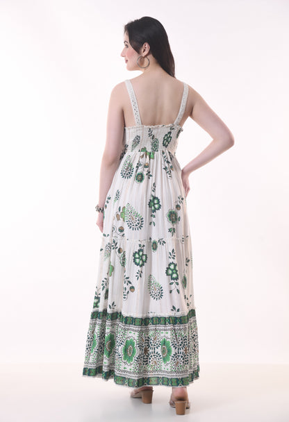26403 Bohemian Floral Print Tassel Tie Maxi Dress