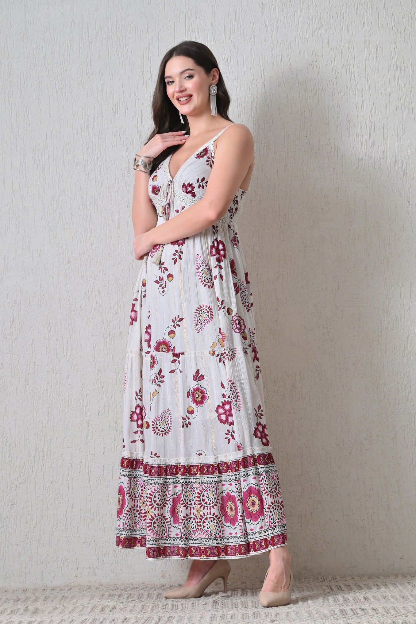 26403 Bohemian Floral Print Tassel Tie Maxi Dress